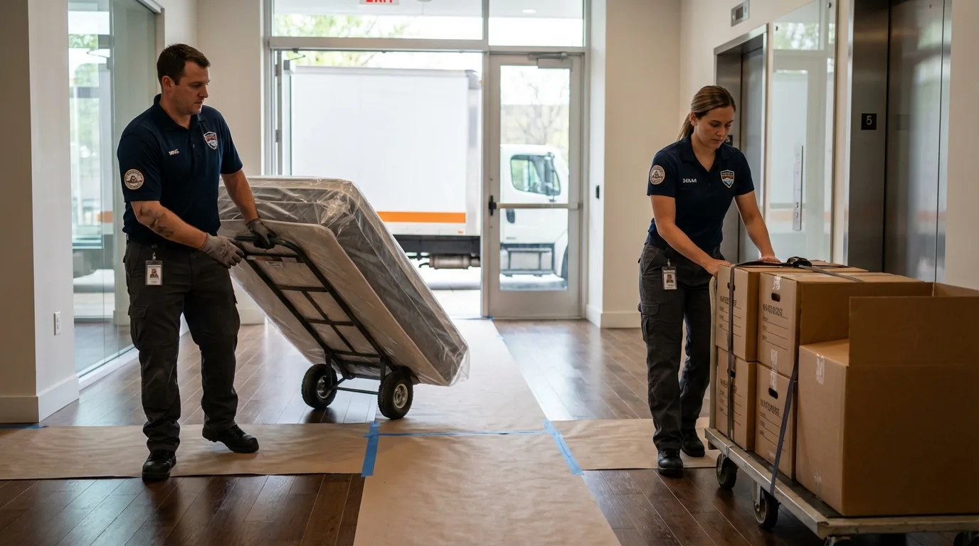 Professional apartment movers loading elevator in Hinton, WV